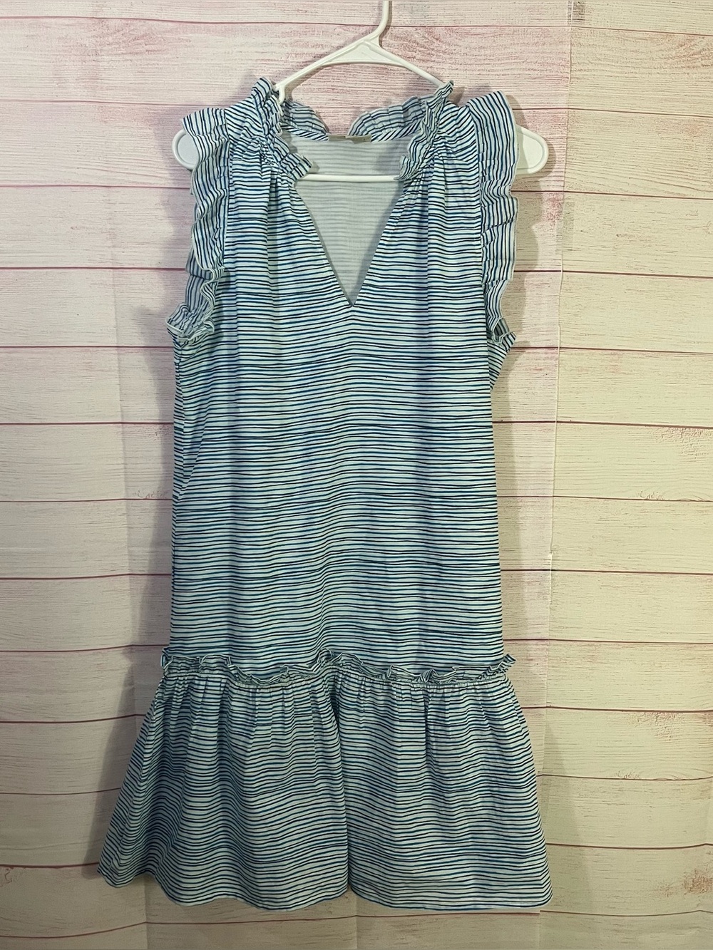 Fitzroy & Willa Nikki 100% Cotton ‎ Blue Stripes Ruffles Sleeveless Dress Small